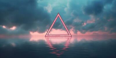 generatief ai, abstract meetkundig achtergrond, wolken, zee en gloeiend neon driehoekig kader. minimaal futuristische zeegezicht met reflectie in de water. foto