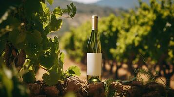 generatief ai, wit wijn fles bespotten omhoog Aan wijnrad landschap in de zonneschijn, het hoofd bieden ruimte en plaats voor logo foto