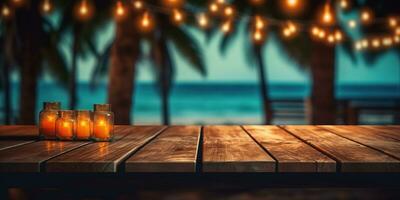 generatief ai, tropisch zomer zonsondergang strand bar achtergrond. houten tafel top Product Scherm vitrine leeg fase. foto