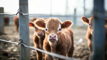 generatief ai, weinig kalveren op zoek Bij de camera Aan een boerderij, baby koeien foto