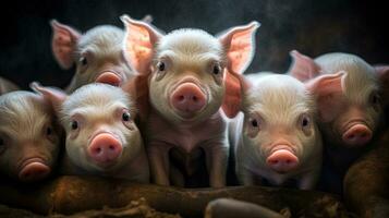 generatief ai, weinig varkens op zoek Bij de camera Aan een boerderij foto