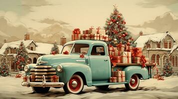 generatief ai, wijnoogst Kerstmis auto met veel geschenken, blauw en rood kleuren. groet Kerstmis kaart, winter vakantie foto