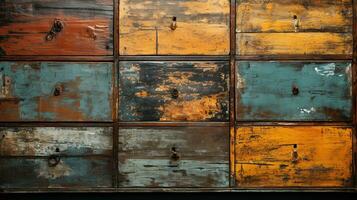 generatief ai, oud dressoir houten textuur. blauw, turkoois, geel en oranje kleuren. wijnoogst grunge achtergrond foto