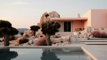 generatief ai, ibiza esthetisch villa huis en kust landschap, gedempt kleuren, minimalisme foto