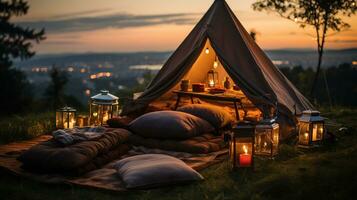 generatief ai, romantisch camping met lantaarn lichten, kussens, deken. stad visie in de avond foto