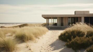 generatief ai, strand esthetisch villa huis en kust landschap, gedempt kleuren, minimalisme foto