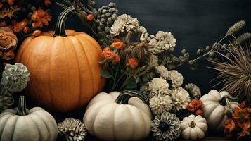 generatief ai, halloween en dankzegging decoratie voor huis en viering concept, pompoenen en planten, herfst achtergrond foto