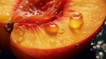 generatief ai, helder plak van sappig rijp perzik en water druppels, macro van zomer fruit foto