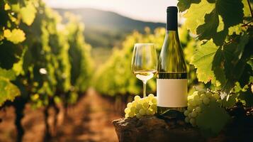 generatief ai, wit wijn fles bespotten omhoog Aan wijnrad landschap in de zonneschijn, het hoofd bieden ruimte en plaats voor logo foto