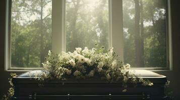 generatief ai, bloemen Aan een lijkkist in de begrafenis of begrafenis Diensten Bij begraafplaats, kist met bloemen foto