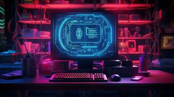 generatief ai, computer Aan de tafel in cyberpunk stijl, nostalgisch jaren 80, jaren 90. neon nacht lichten levendig kleuren, fotorealistisch horizontaal illustratie van de futuristische interieur. technologie concept. foto