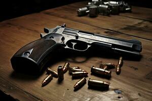 generatief ai, revolver geweer met kogels geïsoleerd Aan houten achtergrond, hand- geweer met munitie, pistool leger wapen foto