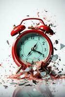 een verpletterd alarm klok symboliseert slapeloosheid geïsoleerd Aan een wit achtergrond foto