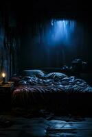 een vaag lit slaapkamer tafereel illustreren slapeloosheid achtergrond met leeg ruimte voor tekst foto