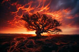 een gedraaid boom tegen een vurig lucht symboliseert chaotisch nacht verschrikkingen foto