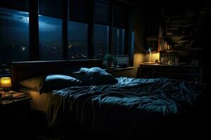 een vaag lit slaapkamer tafereel illustreren slapeloosheid achtergrond met leeg ruimte voor tekst foto