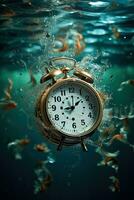 conceptuele beeld van een alarm klok ondergedompeld in een rusteloos zee foto
