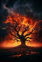 een gedraaid boom tegen een vurig lucht symboliseert chaotisch nacht verschrikkingen foto