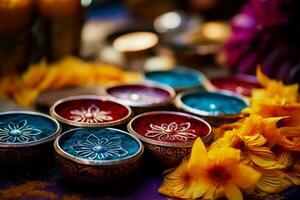 gedetailleerd visie van rangoli gereedschap en gekleurde poeders bereid voor diwali ontwerpen foto