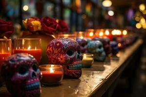gloeiend kaarsen en lantaarns verhelderend een feestelijk dag van de dood nacht viering foto