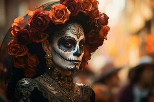 elegant catrinas processie met uitwerken kostuums in dag van de dood viering foto