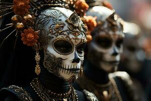 catrinas optocht in verbijsterend kleding belichamen dag van de doden skelet- elegantie foto