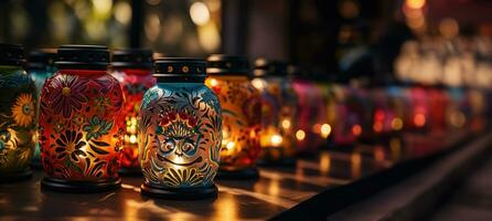 lichtgevend kaarsen en lantaarns gieten zacht schaduwen in dag van de dood nacht tafereel foto