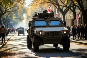 het marcheren bands en leger voertuigen gemarkeerd in levendig veteranen dag optochten foto