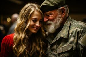 tranen en glimlacht gedurende emotioneel veteranen dag reünies tussen veteranen en hun gezinnen foto