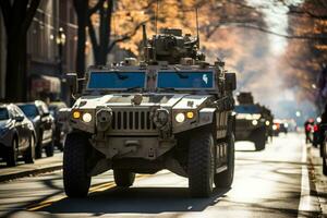 dramatisch snapshots van veteranen het marcheren resoluut in veteranen dag optocht met leger voertuigen foto