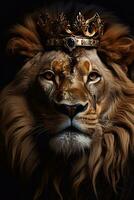 een dichtbij omhoog van leeuw koning met gouden kroon Aan zwart achtergrond. fantasie illustratie. generatief ai foto