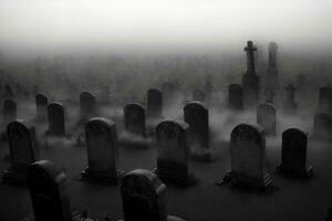 een zwart en wit foto van een mistig begraafplaats. ai gegenereerd