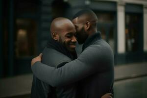 zwart homoseksueel paar knuffel. genereren ai foto