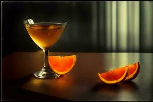 een glas van oranje sap zittend Aan top van een houten tafel. ai gegenereerd foto