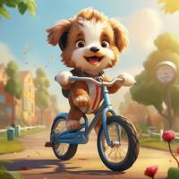 het schattig en geanimeerd hond rijden een fiets en een weinig glimlachen gezicht mooi achtergrond foto