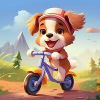 schattig en geanimeerd hond rijden een fiets en een weinig glimlachen gezicht mooi achtergrond foto