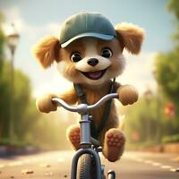 het schattig en geanimeerd hond rijden een fiets en een weinig glimlachen gezicht mooi achtergrond foto