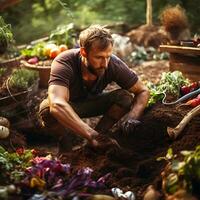 portret compost stapel voor echt tuinieren en jong origineel Mens gezicht foto