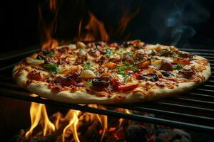 peperoni pizza met Mozzarella kaas, tomaten en basilicum Aan houten tafel , ai generatief foto