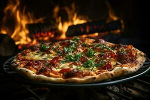 peperoni pizza met Mozzarella kaas, tomaten en basilicum Aan houten tafel , ai generatief foto