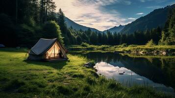 generatief ai, camping buitenshuis concept in de buurt de meer of rivier, toerist kamp Aan de mooi groen landschap met bergen foto