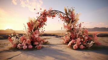 generatief ai, bruiloft ceremonie boho rustiek stijl boog met bloemen en planten, bloem boeketten. foto
