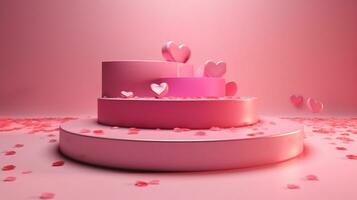 realistisch wit, roze cilinder voetstuk podium Valentijn 3d achtergrond, harten liefde versieren. generatief ai foto