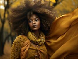 foto van emotioneel dynamisch houding Afrikaanse vrouw in herfst ai generatief