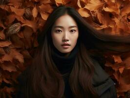 foto van emotioneel dynamisch houding Aziatisch vrouw in herfst ai generatief