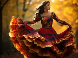 foto van emotioneel dynamisch houding Mexicaans vrouw in herfst ai generatief