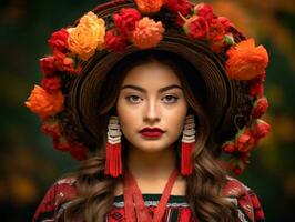 foto van emotioneel dynamisch houding Mexicaans vrouw in herfst ai generatief