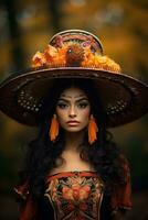 foto van emotioneel dynamisch houding Mexicaans vrouw in herfst ai generatief