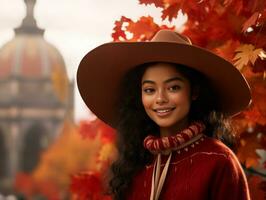 foto van emotioneel dynamisch houding Mexicaans vrouw in herfst ai generatief