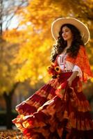 foto van emotioneel dynamisch houding Mexicaans vrouw in herfst ai generatief
